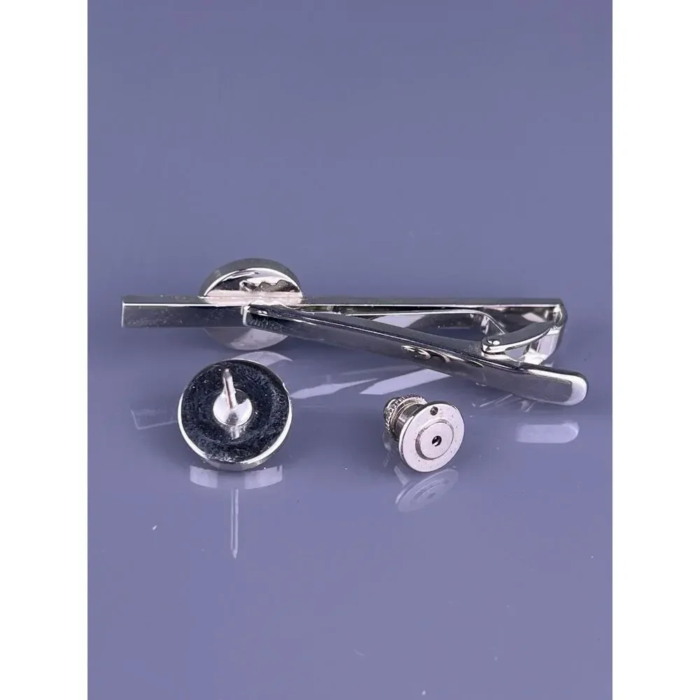 Round Blue Cut Rhinestone Cufflinks Tie Clip Pin Silver Tone Laser Cut Point VTG